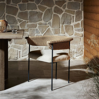Dining Scene Airy mid-century modern outdoor dining chair with a sculptural woven back for luxury restaurant and resort patios