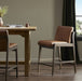 Alice counter stool with brown upholstered seat and back on dark wood legs, open frame