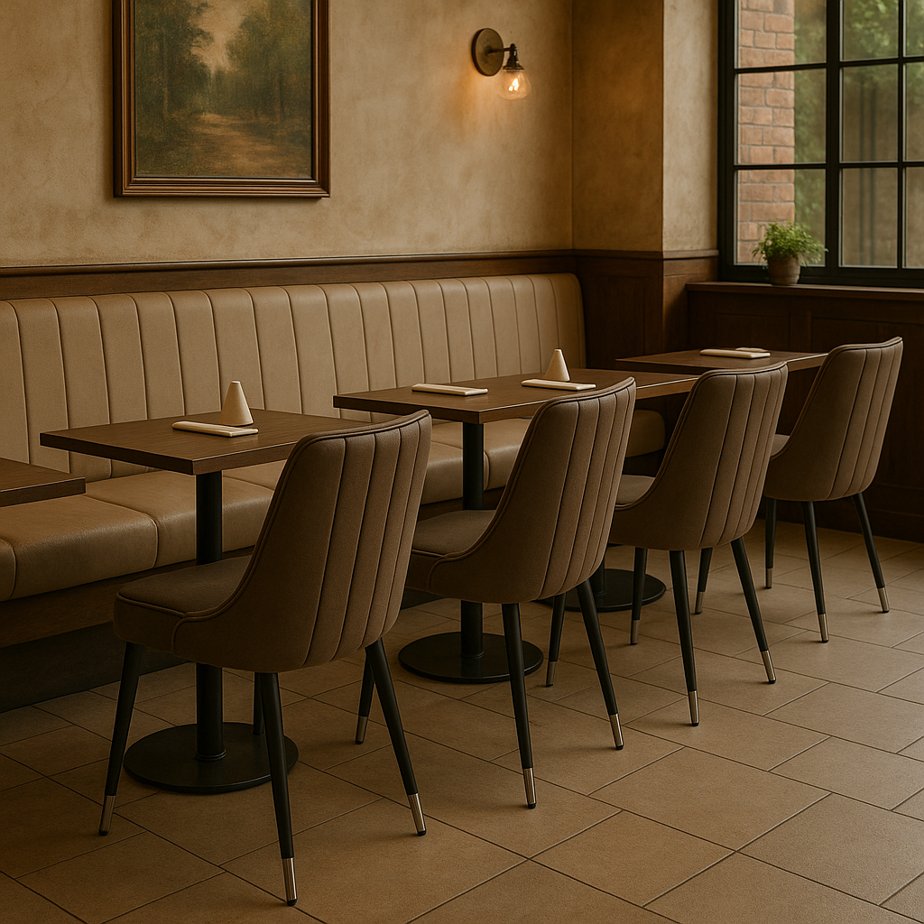 Dining Scene Marquette Club Chair with a natural black frame and silver feet, sling-style back, and porcini performance fabric