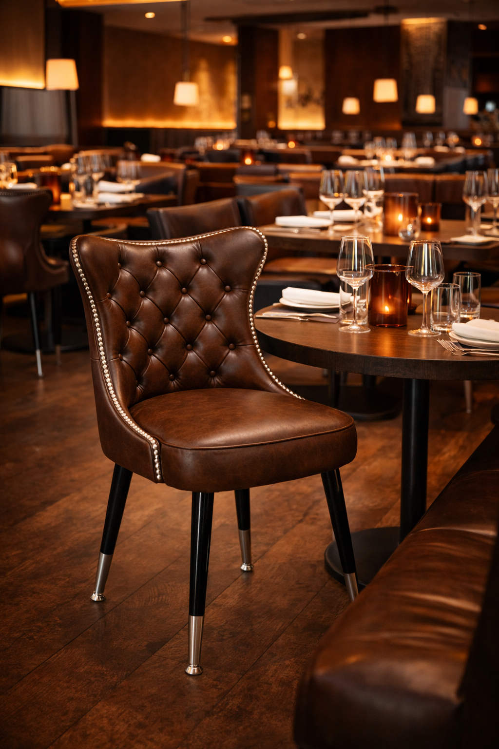 Dining scene Somerset Club Chair by Social Design Supply Co: A soft-contoured hospitality lounge chair with high-density foam and commercial-grade durability for restaurants