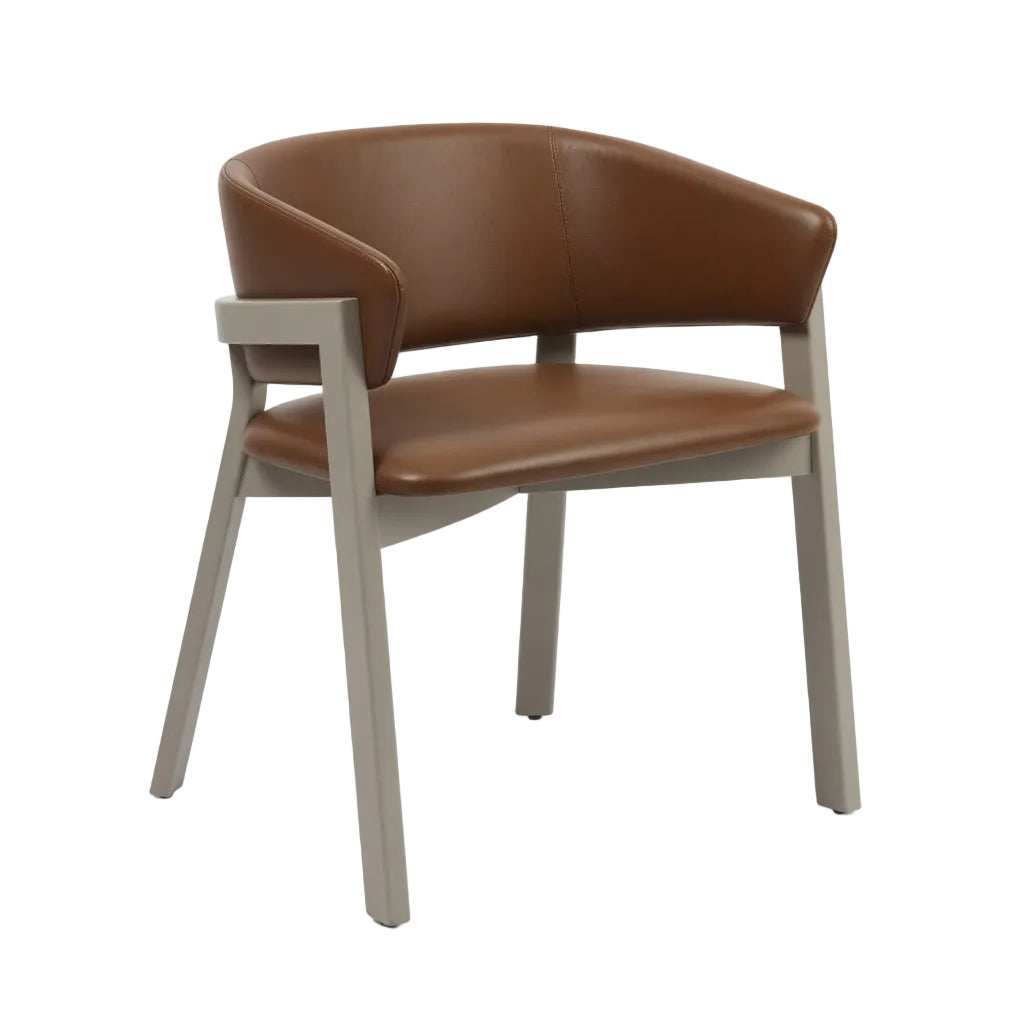 Brown leather-look arm chair with light-colored legs and curved backrest