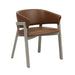 Brown leather-look arm chair with light-colored legs and curved backrest