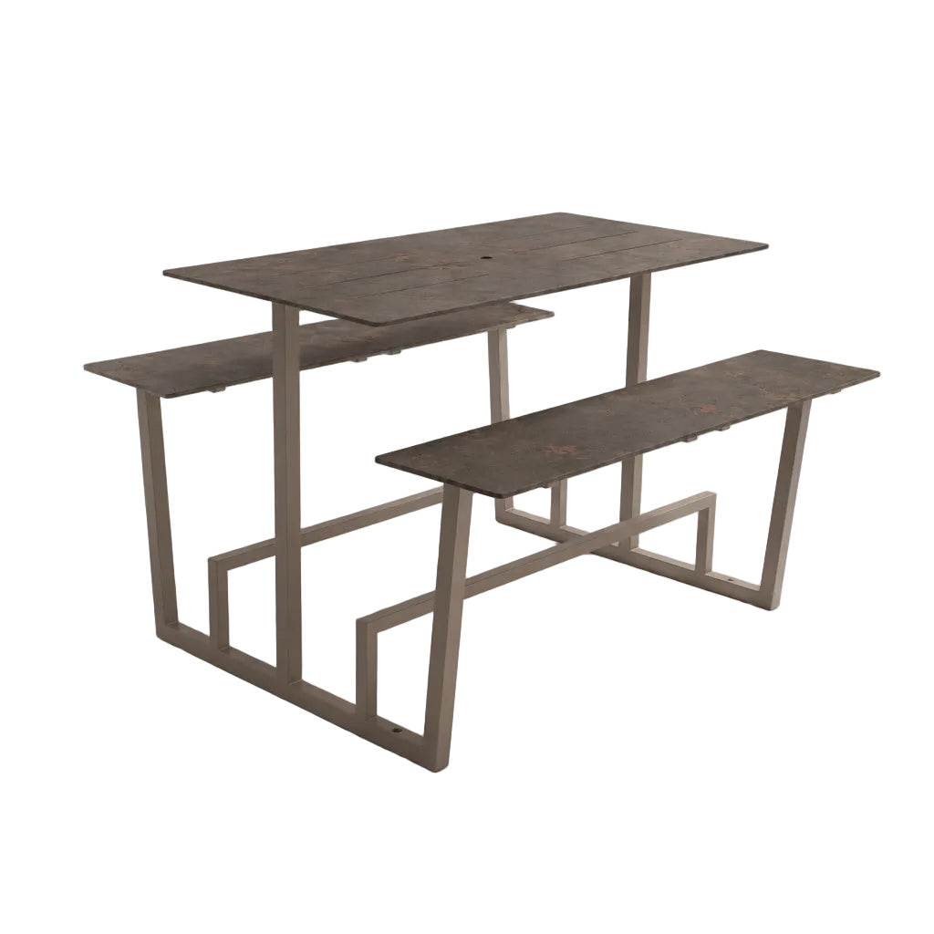 Double-top table with light metal frame and two rectangular tops in weathered concrete gray.