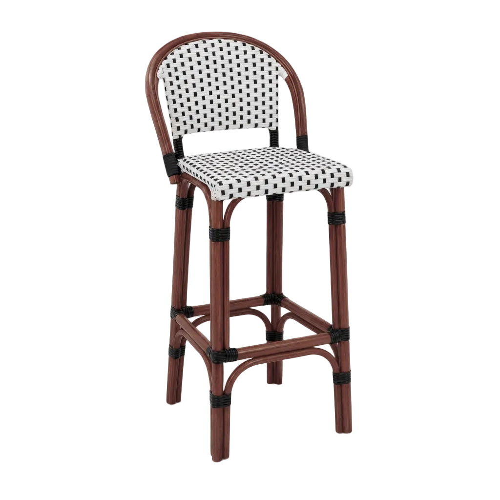 Bar stool with dark wood frame and white woven seat and back with black speckles