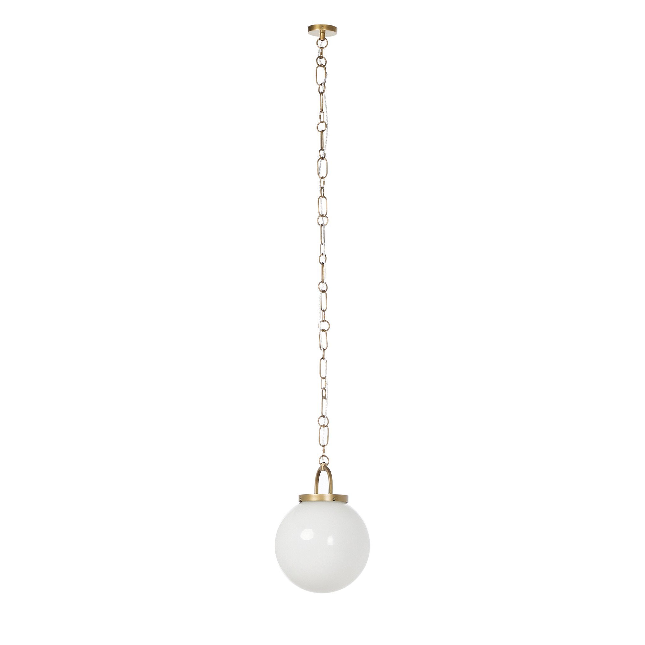 Pendant light with white glass shade and gold chain on a white background