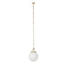 Pendant light with white glass shade and gold chain on a white background