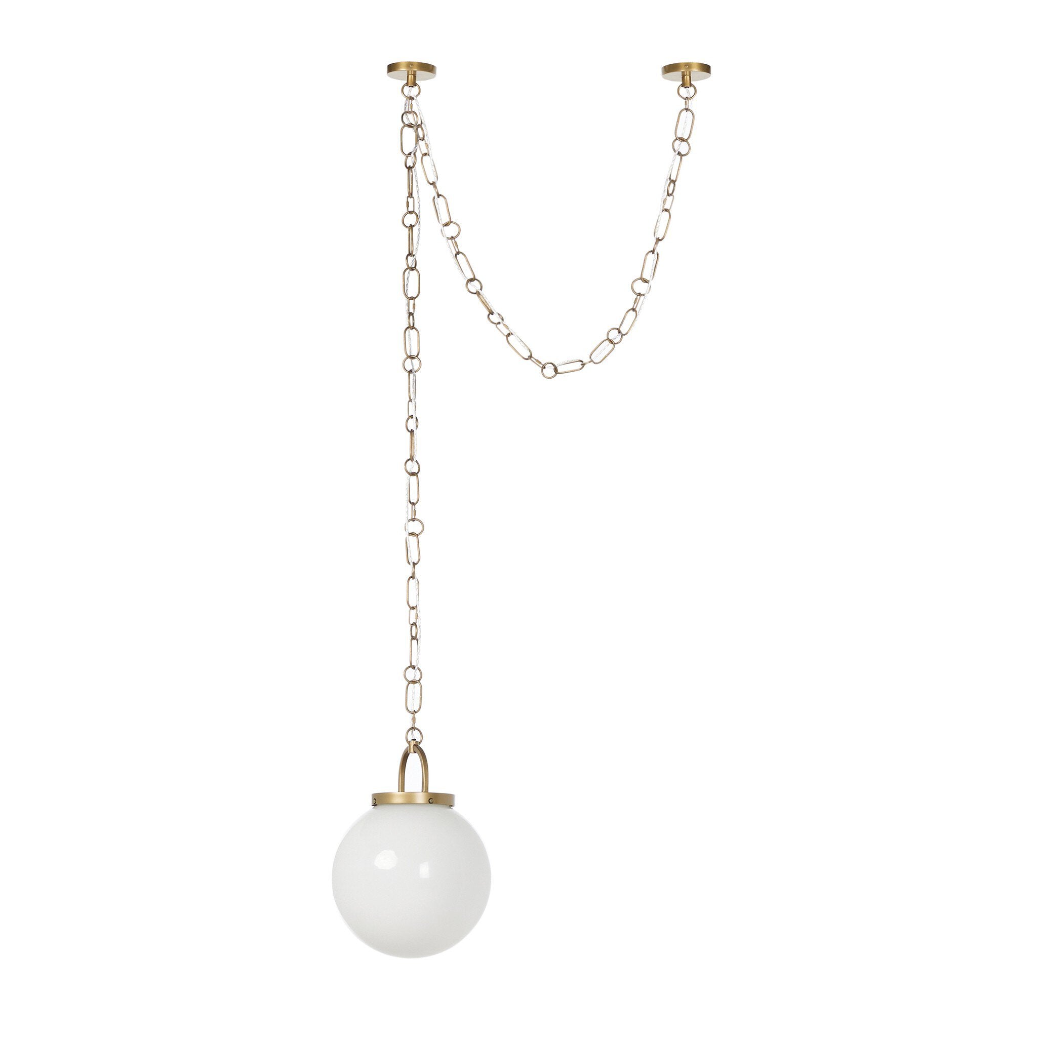 Pendant light with a white glass shade and gold metal chain on a white background