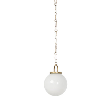 Evelie soft modern pendant light with hand-blown white glass globe and antique brass fixture chain for dining room or entryway on a white background