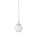 Evelie soft modern pendant light with hand-blown white glass globe and antique brass fixture chain for dining room or entryway on a white background