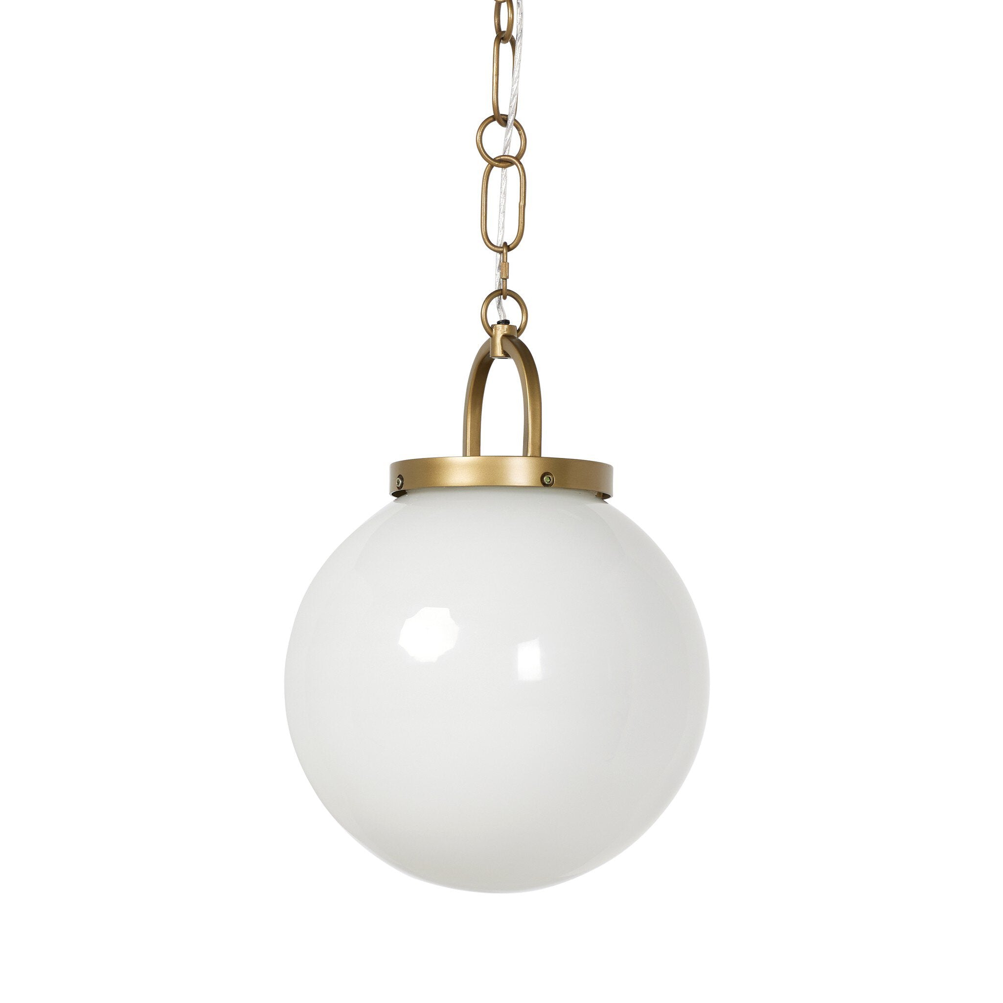 Evelie soft modern pendant light with hand-blown white glass globe and antique brass fixture chain for dining room or entryway on a white background detail