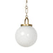 Evelie soft modern pendant light with hand-blown white glass globe and antique brass fixture chain for dining room or entryway on a white background detail
