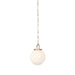 Evelie soft modern pendant light with hand-blown white glass globe and antique brass fixture chain for dining room or entryway on a white background