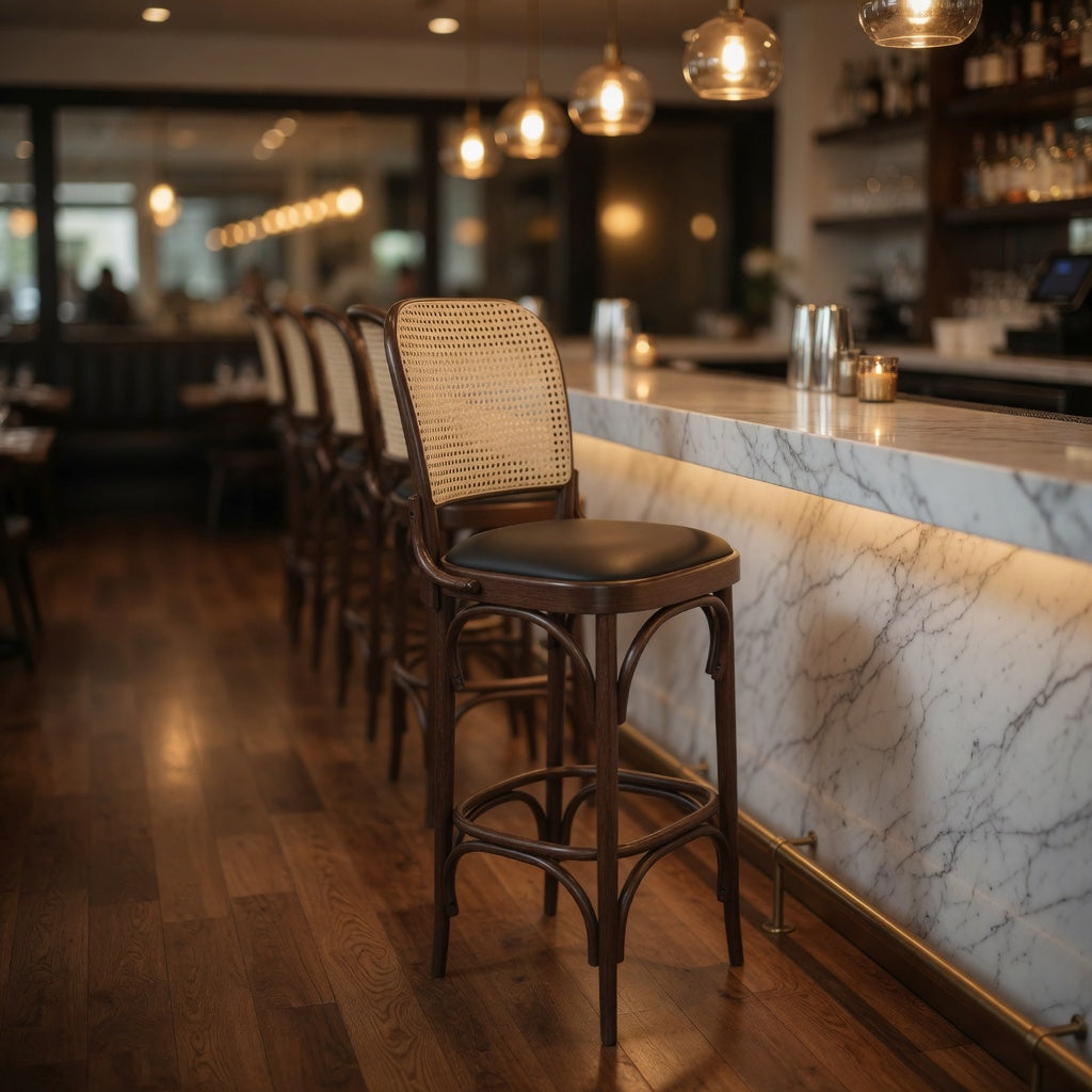Theo bar stool in bar setting, beige woven back with dark round seat and wood frame
