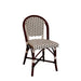 Side chair with white woven back and seat, dark red-brown wood frame, geometric grid.