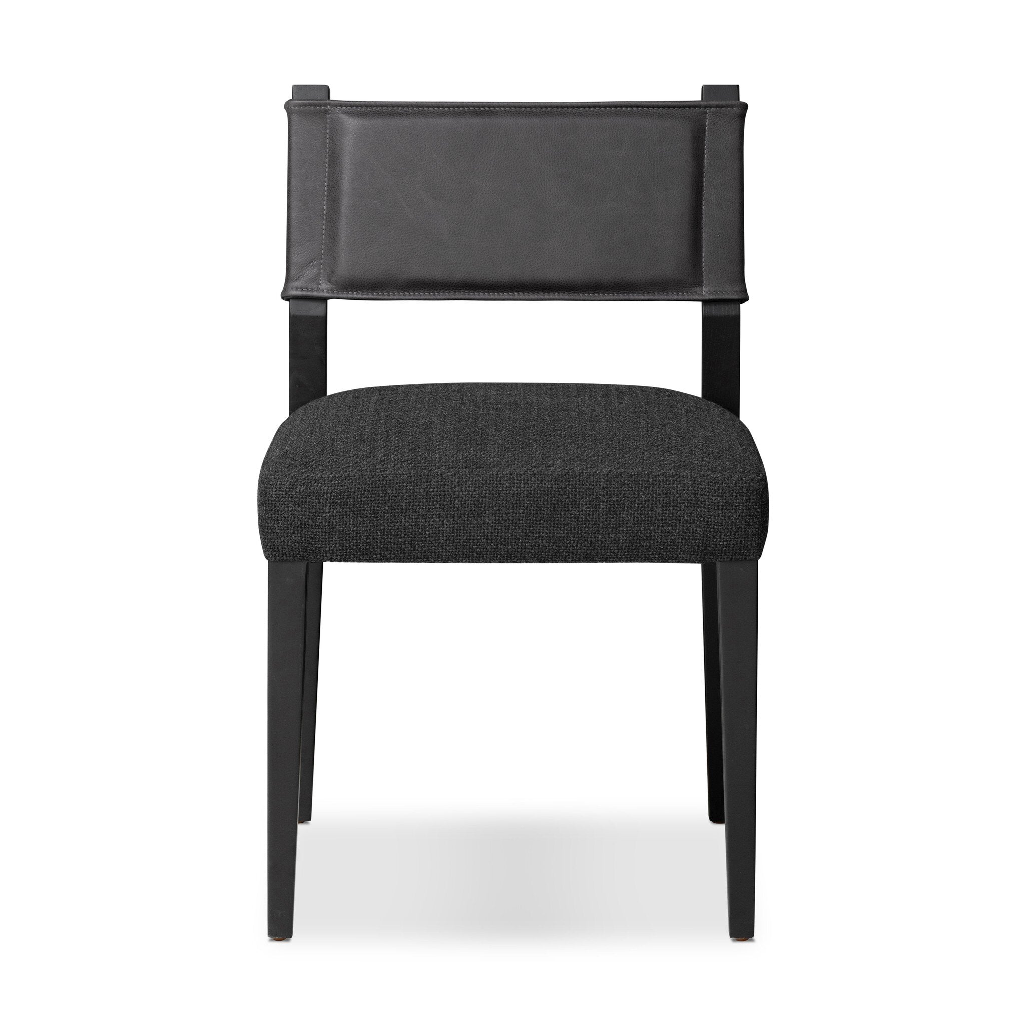 Armless dining chair with gray fabric seat, dark upholstered back, and square legs