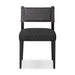 Armless dining chair with gray fabric seat, dark upholstered back, and square legs