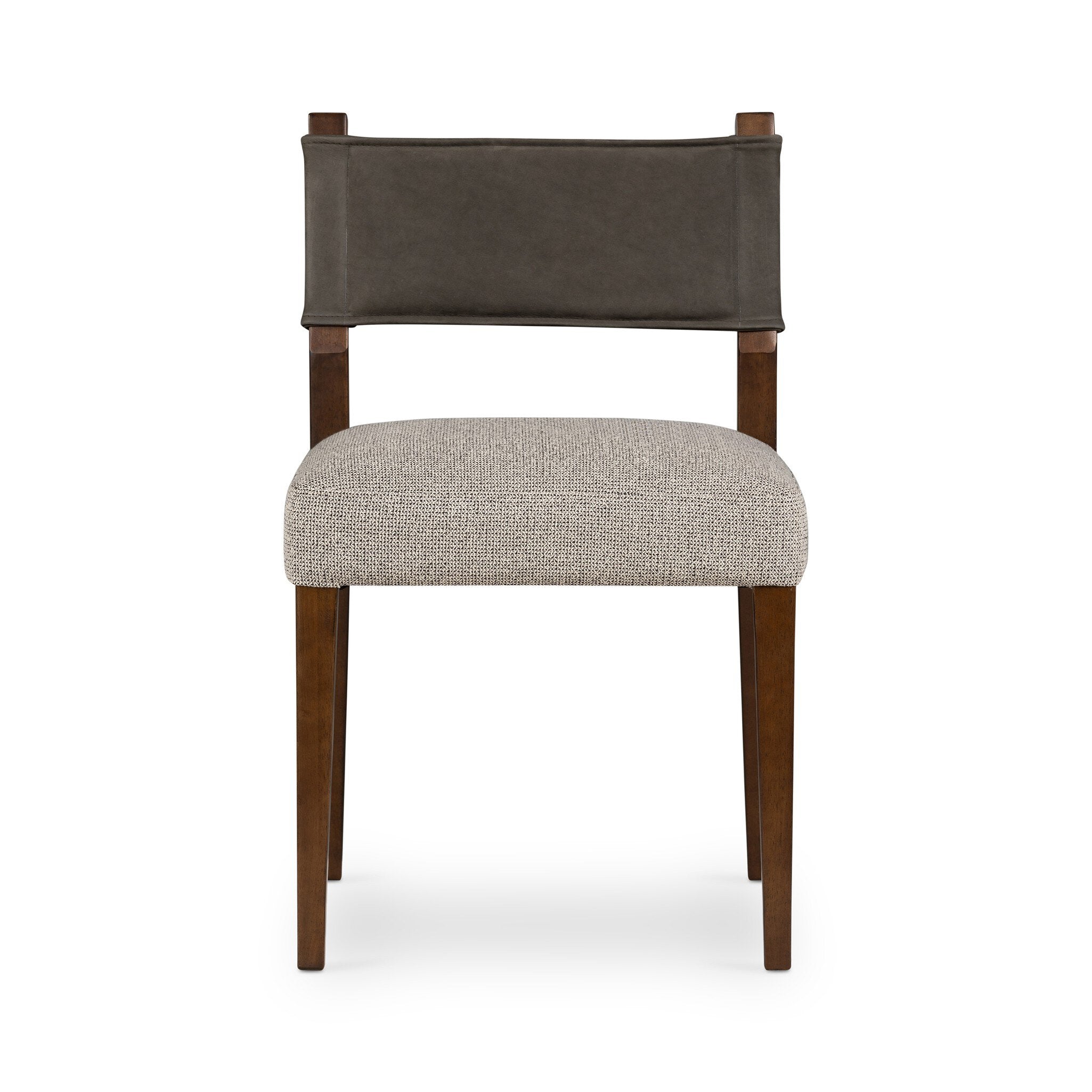 Armless dining chair with upholstered beige seat and charcoal back, solid wood legs