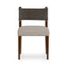 Armless dining chair with upholstered beige seat and charcoal back, solid wood legs