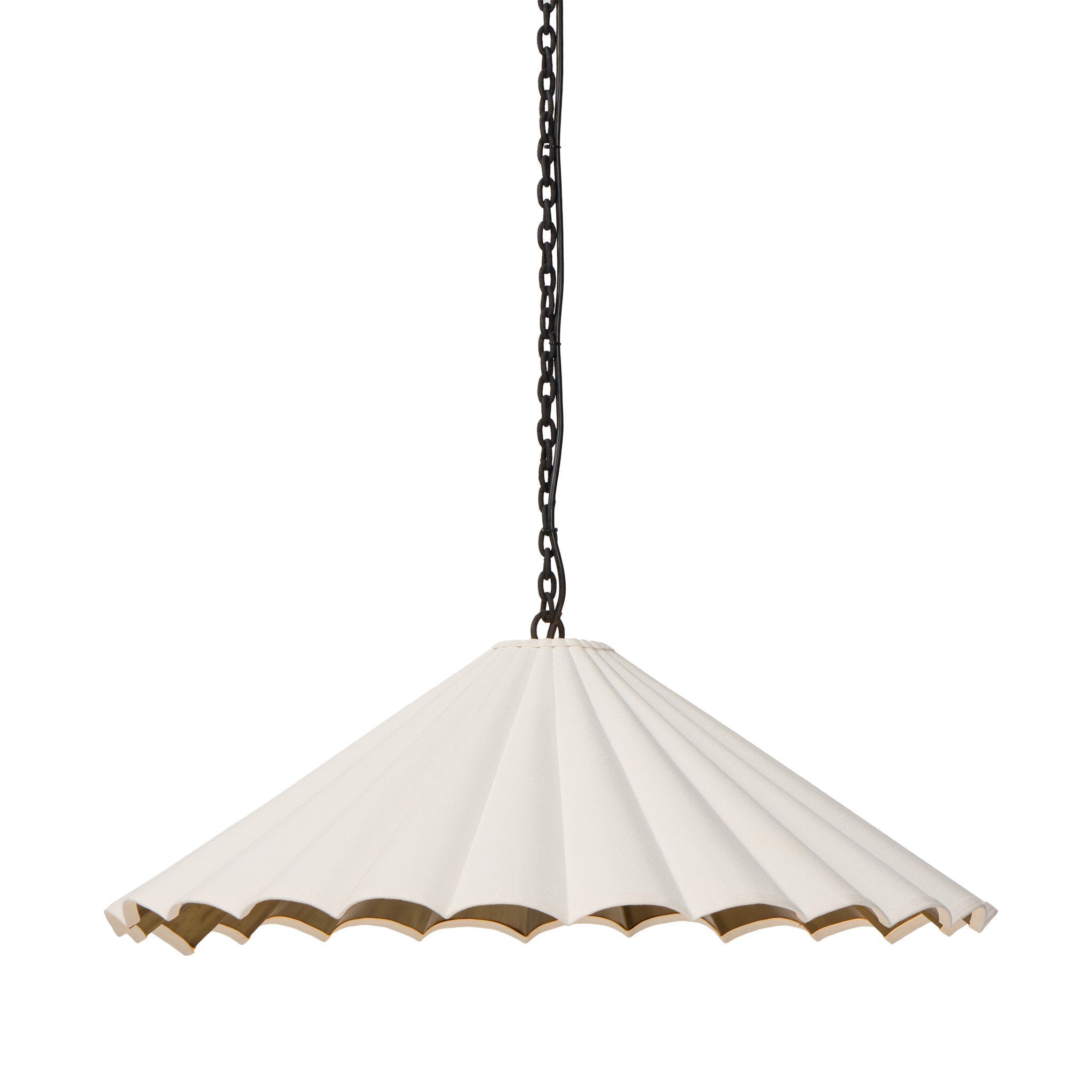 White scalloped-edge pendant light with black chain on a white background