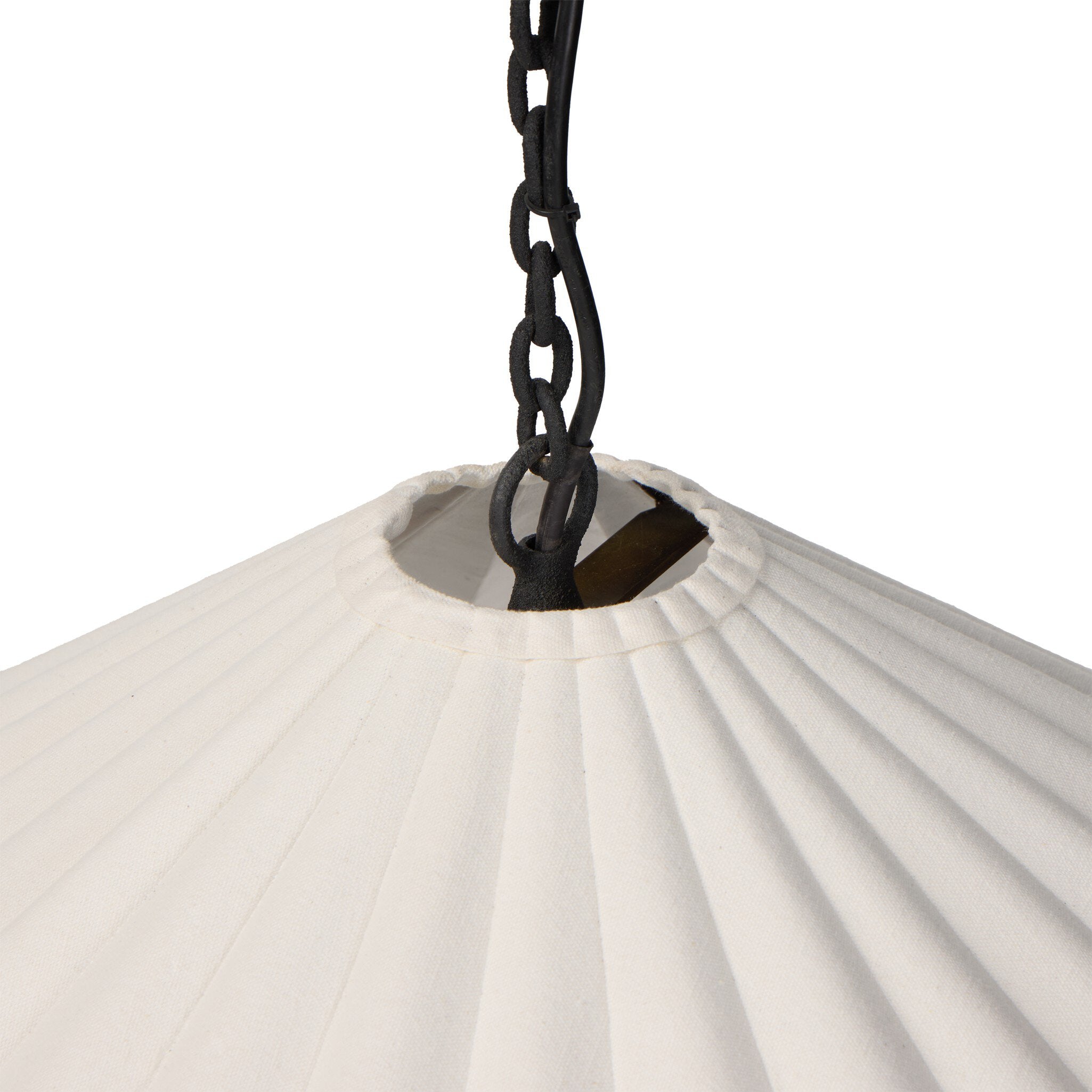 Fiorella 34-inch scalloped cream canvas pendant light with antiqued brass interior stitching detail with black chain