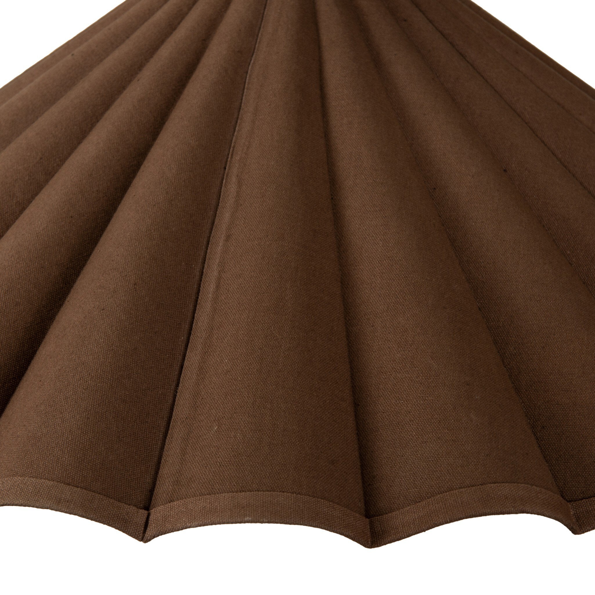 Fiorella 34-inch scalloped espresso brown canvas pendant light with antiqued brass interior close detail of pleated cotton