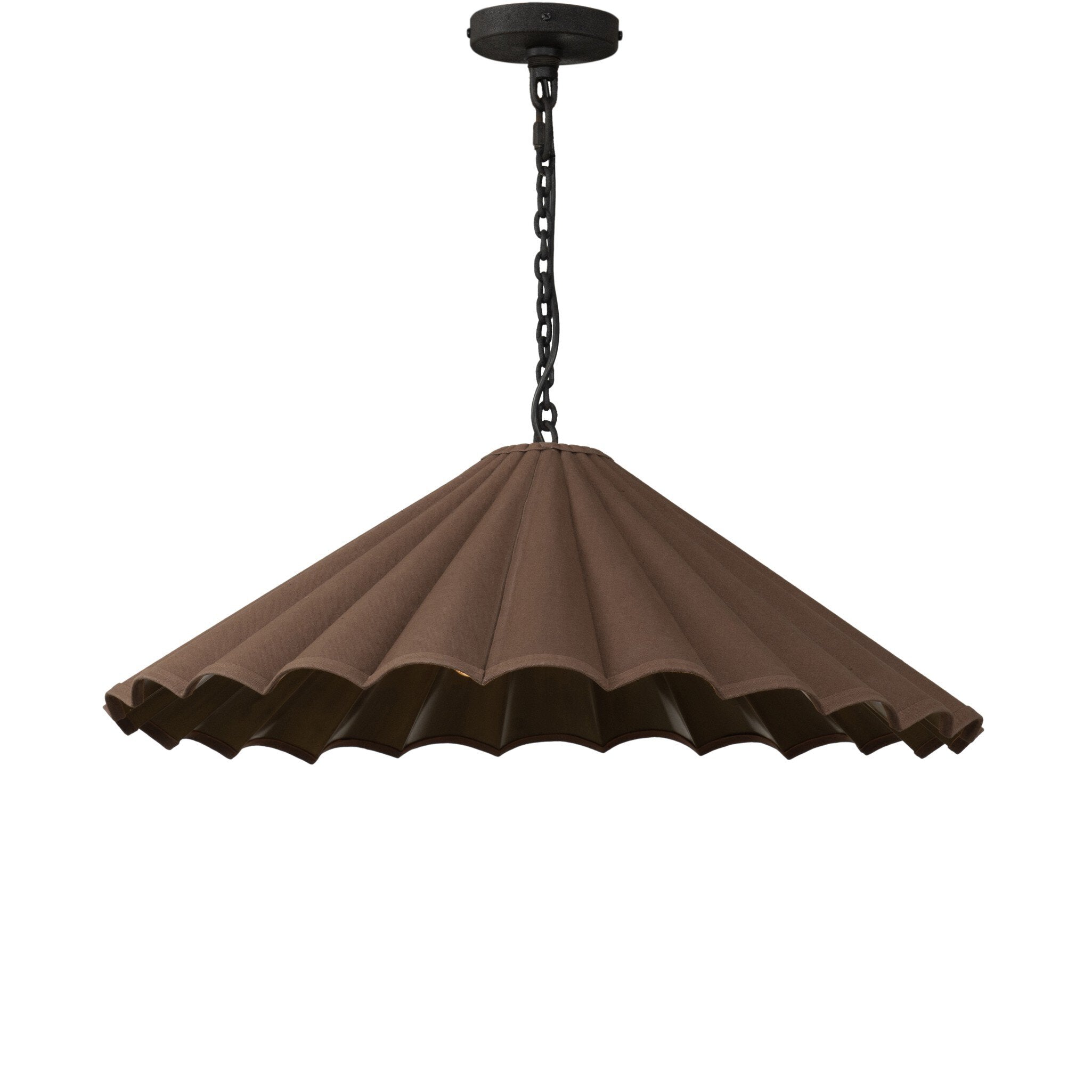 Fiorella 34-inch scalloped espresso brown canvas pendant light with antiqued brass interior  cotton detail