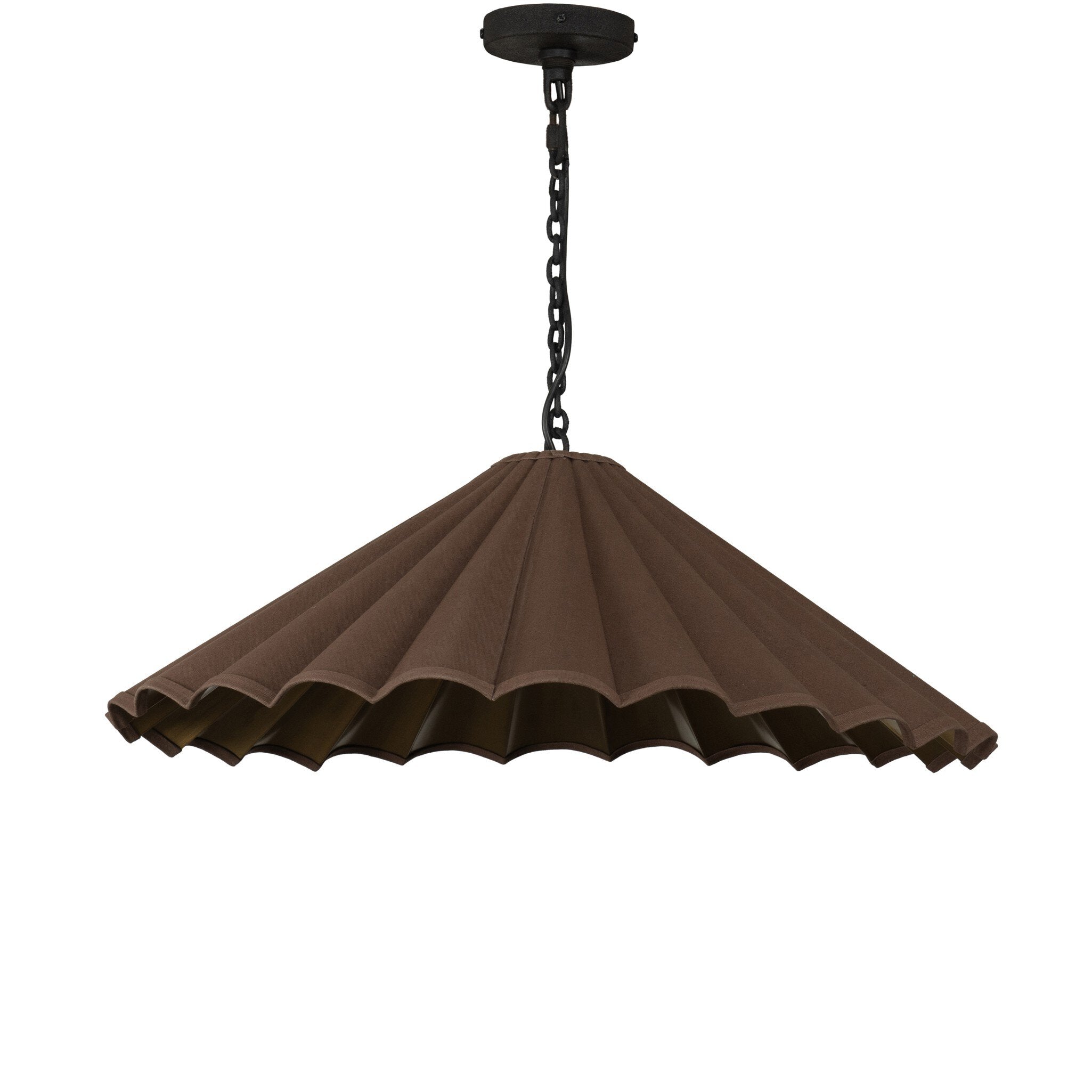 Fiorella 34-inch scalloped espresso brown canvas pendant light with antiqued brass interior 