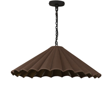 Fiorella 34-inch scalloped espresso brown canvas pendant light with antiqued brass interior 