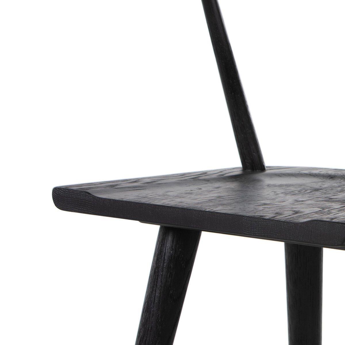 Black oak counter stool seat edge detail with tapered legs and lower support bar