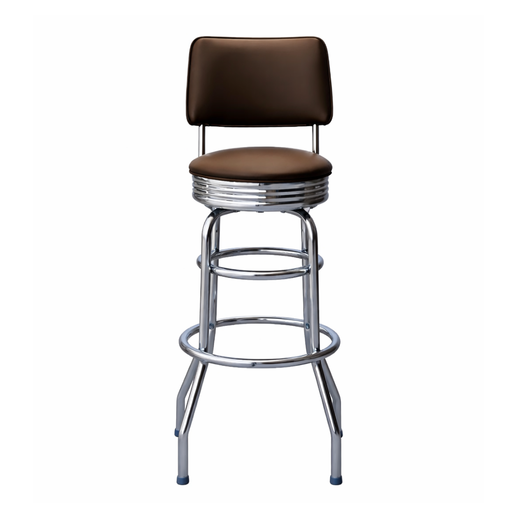 Front Belmont Double Ring Bar Stool by Social Design Supply Co: A vintage-inspired commercial bar stool with a padded backrest and chrome double-ring base for upscale hospitality seating
