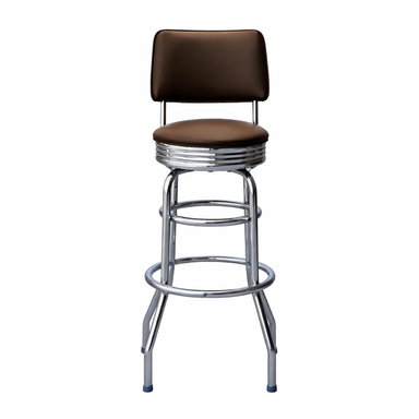 Front Belmont Double Ring Bar Stool by Social Design Supply Co: A vintage-inspired commercial bar stool with a padded backrest and chrome double-ring base for upscale hospitality seating