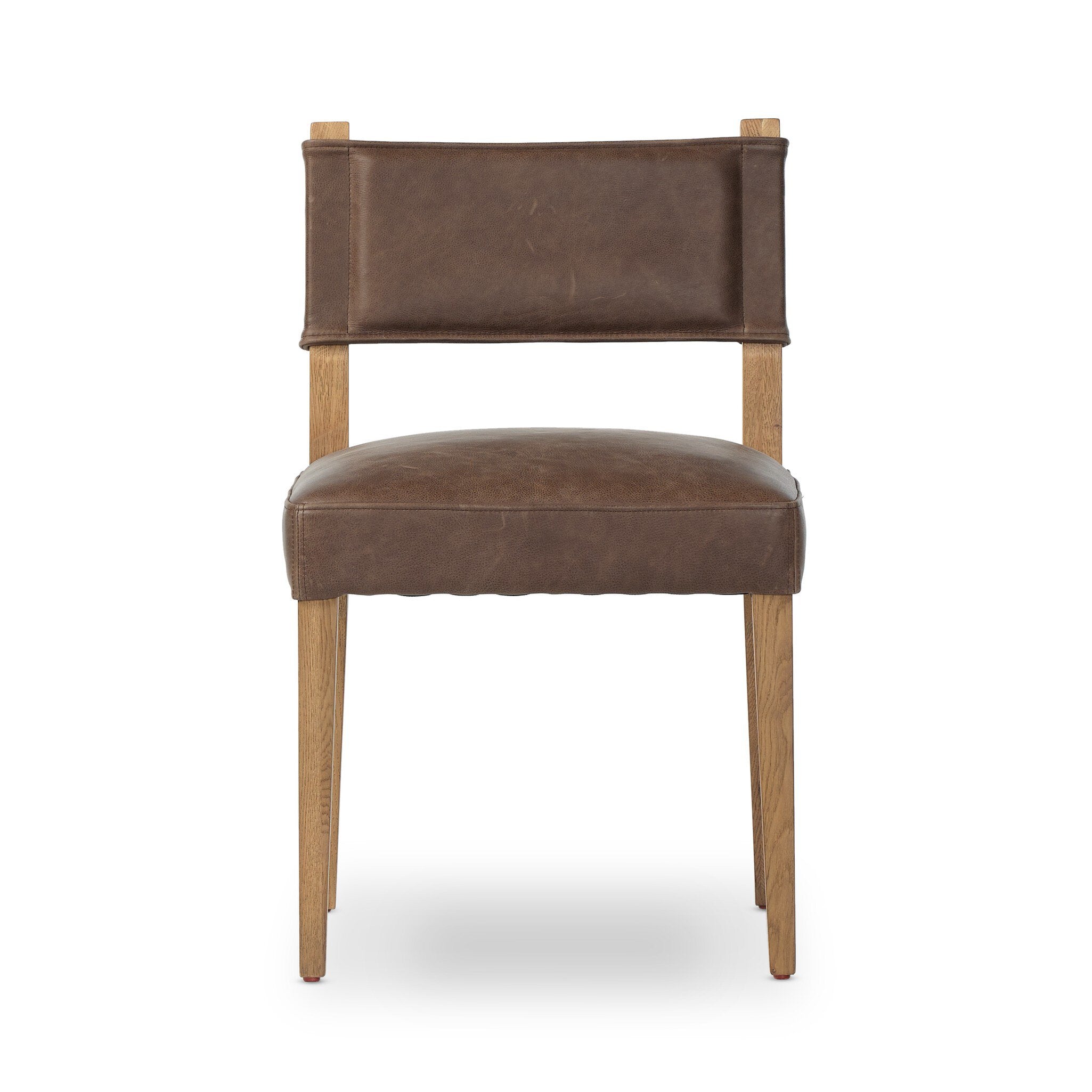 Brown armless dining chair with upholstered seat, back panel, and light wood legs.