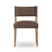Brown armless dining chair with upholstered seat, back panel, and light wood legs.