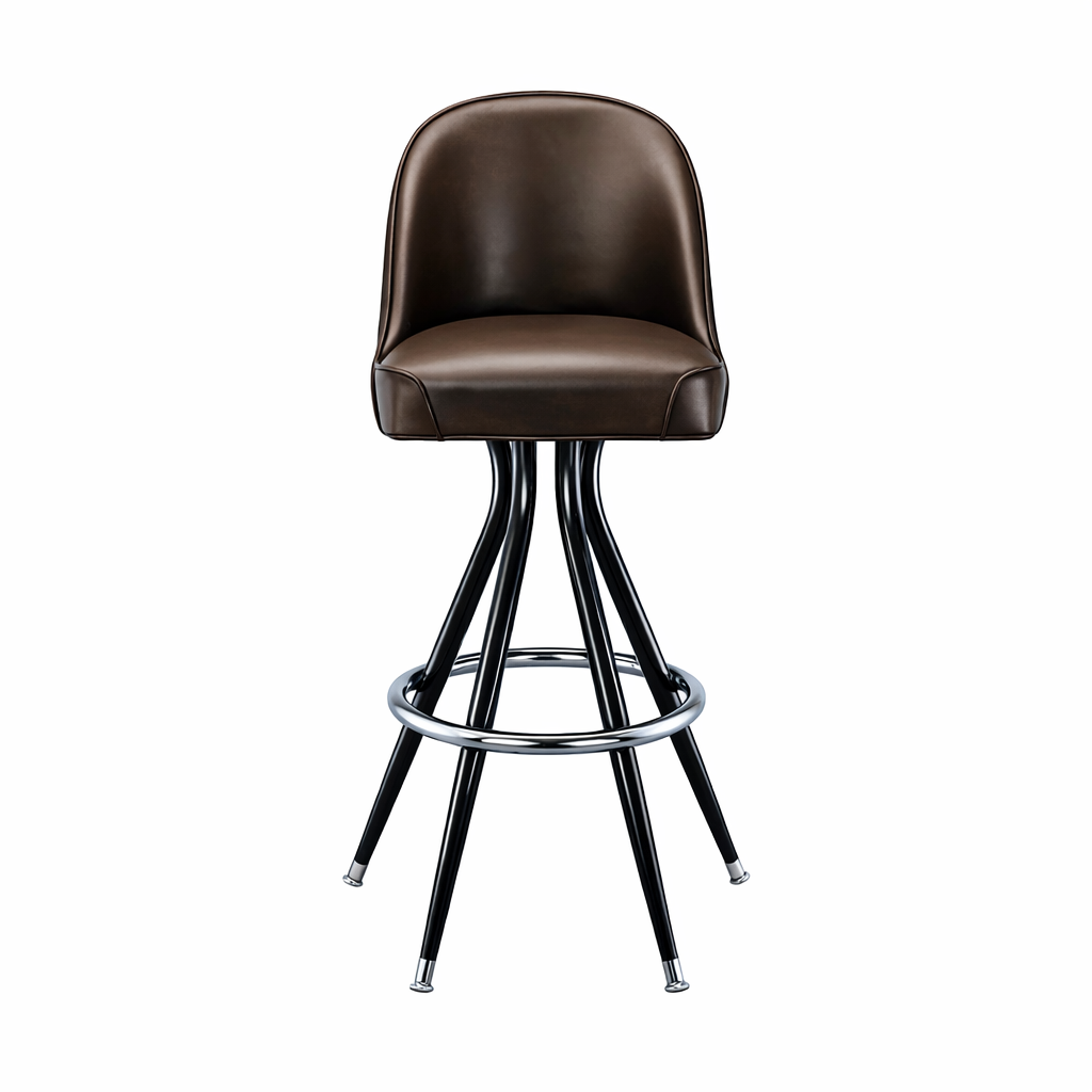Front Fudge Brown Elise Bar Stool by Social Design Supply Co: A modern minimalist hospitality bar stool with soft upholstery and a clean silhouette for boutique and commercial restaurant interiors