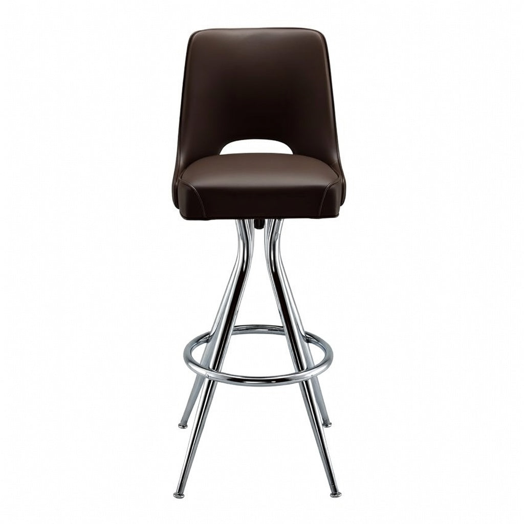 Front Fudge Brown Sterling Bar Stool with a curved upholstered backrest, padded seat, and a sleek chrome frame with a footrest