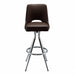 Front Fudge Brown Sterling Bar Stool with a curved upholstered backrest, padded seat, and a sleek chrome frame with a footrest