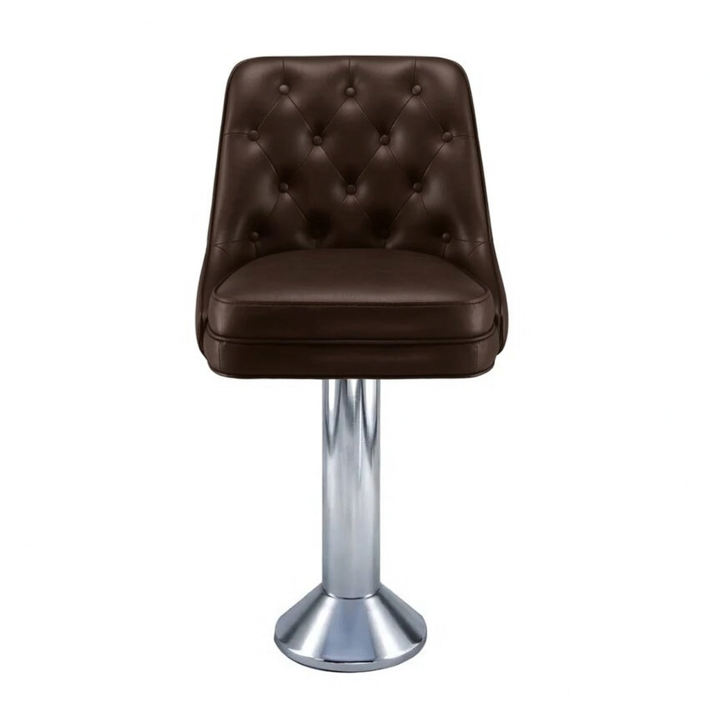 Front Fudge Coventry Bolted Floor-Mounted Bar Counter Stool with tufted vinyl detail and polished chrome pedestal base