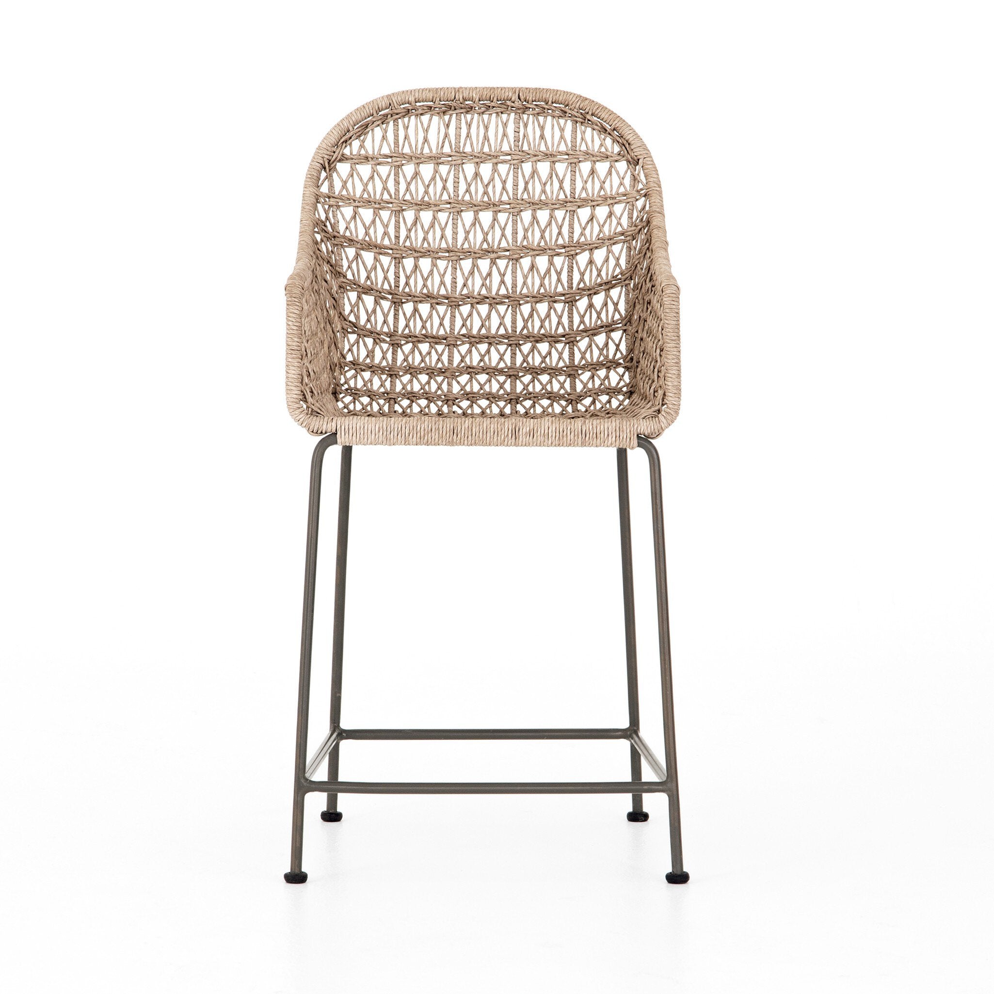 Front Modern low-armed outdoor bar stool with white wicker weaving and a bronze industrial frame for hospitality dining