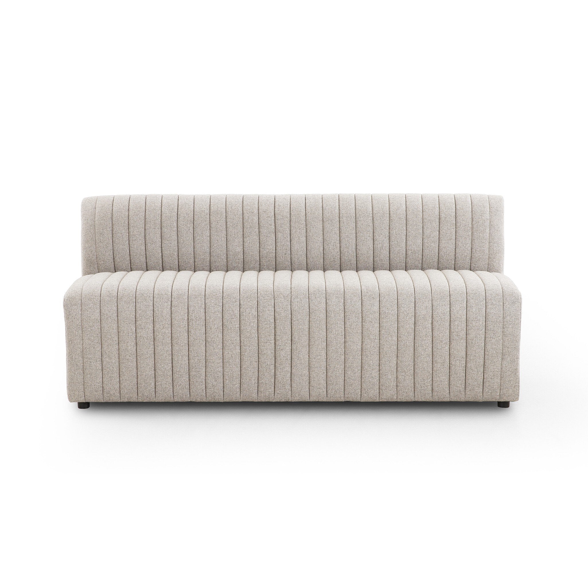 Front of Long Center Custom Augustine dining banquette in Orly Natural neutral performance fabric with high-back tufted detailing and wood base.