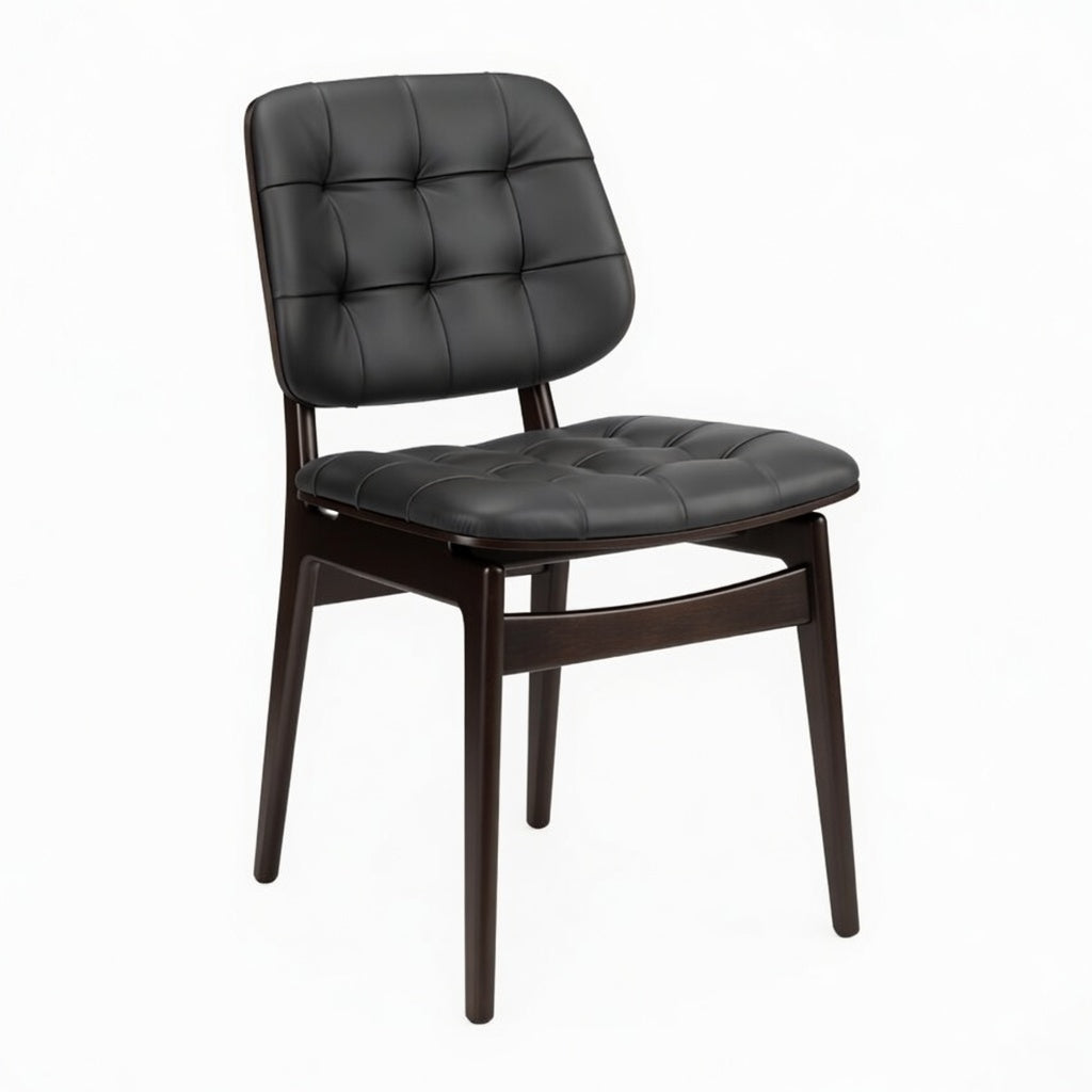 Sutton side chair with dark button-tufted cushion seat and dark brown wood frame