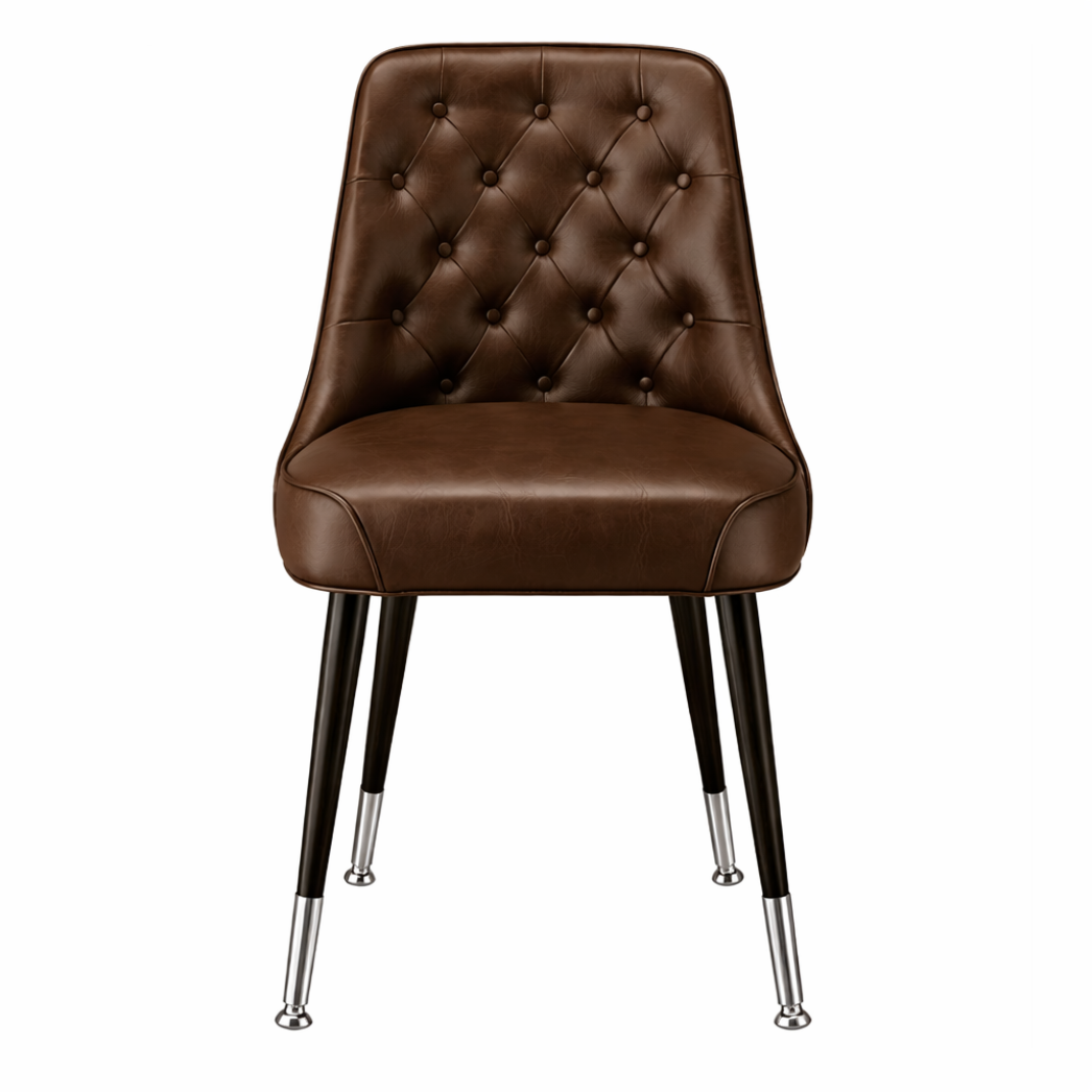 Fudge Brighton Club Chair bucket seat in black vinyl with polished chrome leg detailing for modern dining