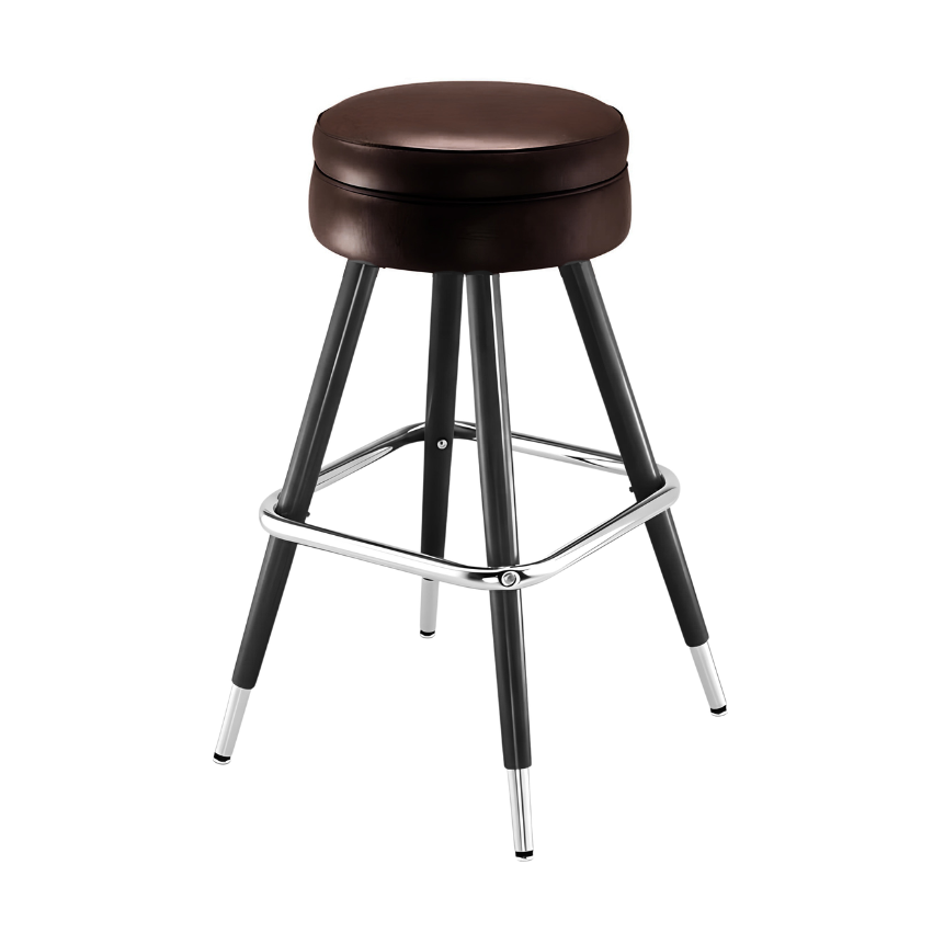 Brown upholstered bar stool with round seat, chrome footrest, black tapered legs
