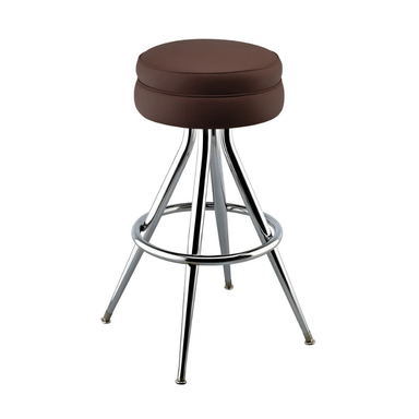 Fudge Brown Briar Bar Stool with upholstered seat, featuring polished chrome frame with a built-in footrest