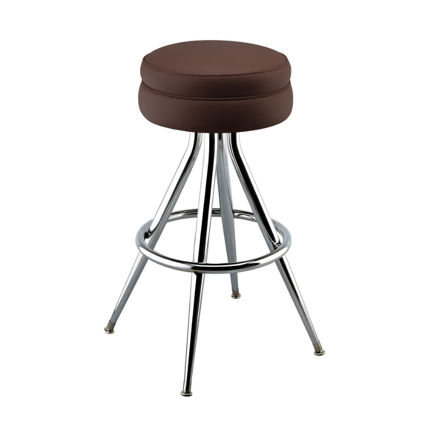 Fudge Brown Briar Bar Stool with upholstered seat, featuring polished chrome frame with a built-in footrest
