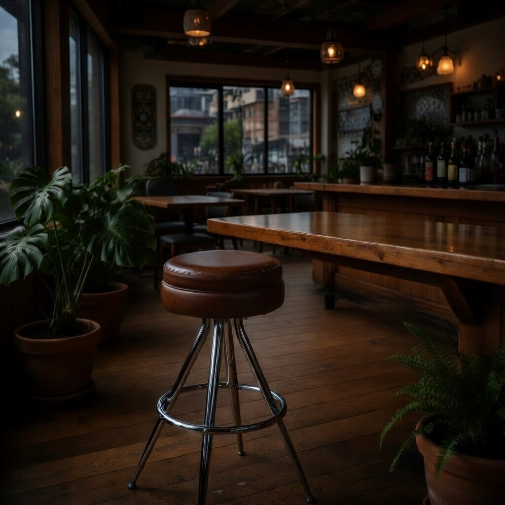 Fudge Brown Briar Bar Stool with upholstered seat, featuring polished chrome frame with a built-in footrest interior of a bar with wooden tables, stools, and plants
