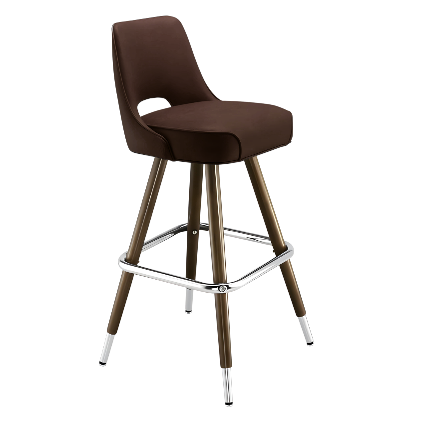 Fudge Brown Celine modern bar stool featuring a sculptural cutout back and a softly cushioned upholstered seat with a minimalist wood metal frame