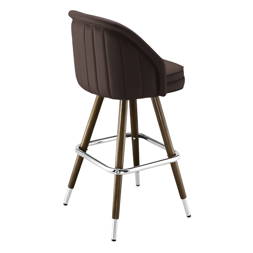 Fudge Brown Channeled King bar stool featuring pronounced vertical channeling and a deeply padded upholstered seat with a sturdy wood metal frame