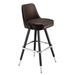 Dark brown leather bar stool with padded back; black metal legs and chrome footrest
