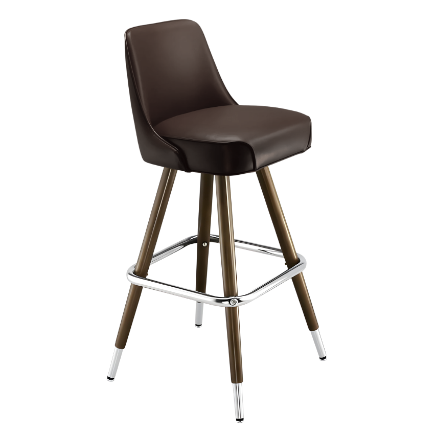 Brown leather bar stool with padded seat and curved back; straight wood legs, chrome base