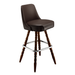 Brown leather bar stool with padded seat; decorative turned wood legs and chrome base